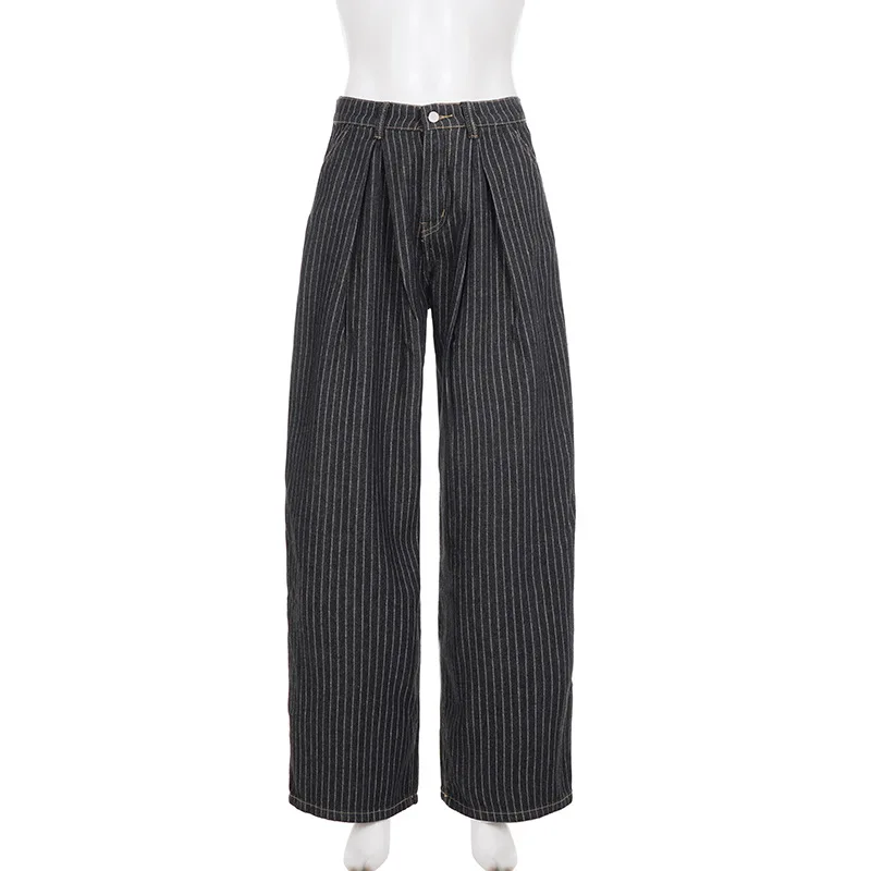 Personality Trend Basic Casual New Style Striped Loose Jeans Straight Leg Pants