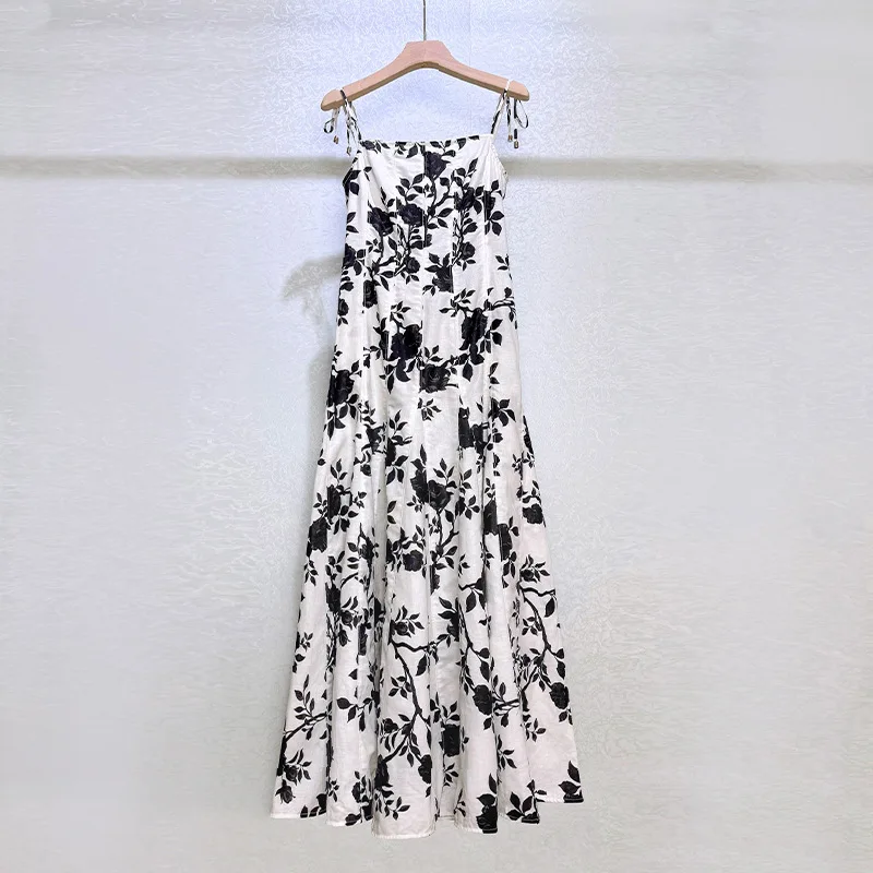 

Long Suspender Dress with Retro Chic High-end Design Sense Ink Painting Print Spring and Summer 2025 Tea Break Party Dresses