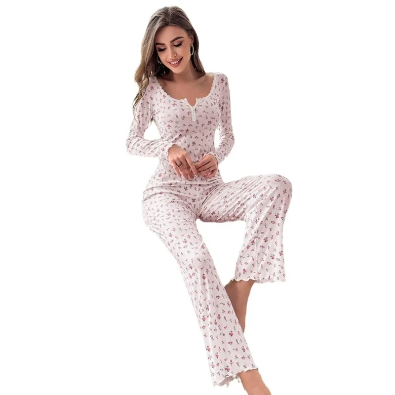 New Autumn and Winter Ladies Sexy European and American Pajamas Homewear Suit Fashion Long-Sleeved Trousers Pajamas Homewear