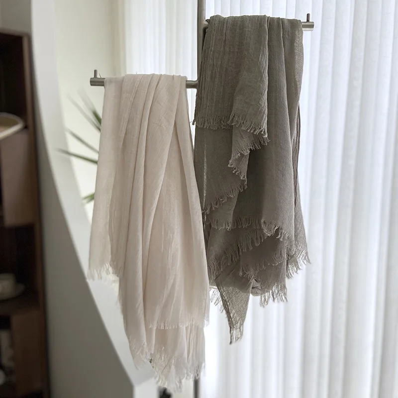 2026 Cotton Linen Solid Color Scarf Women Summer Sun Protection Medium Long Gauze Shawl Japanese Style Beach Travel Wrap