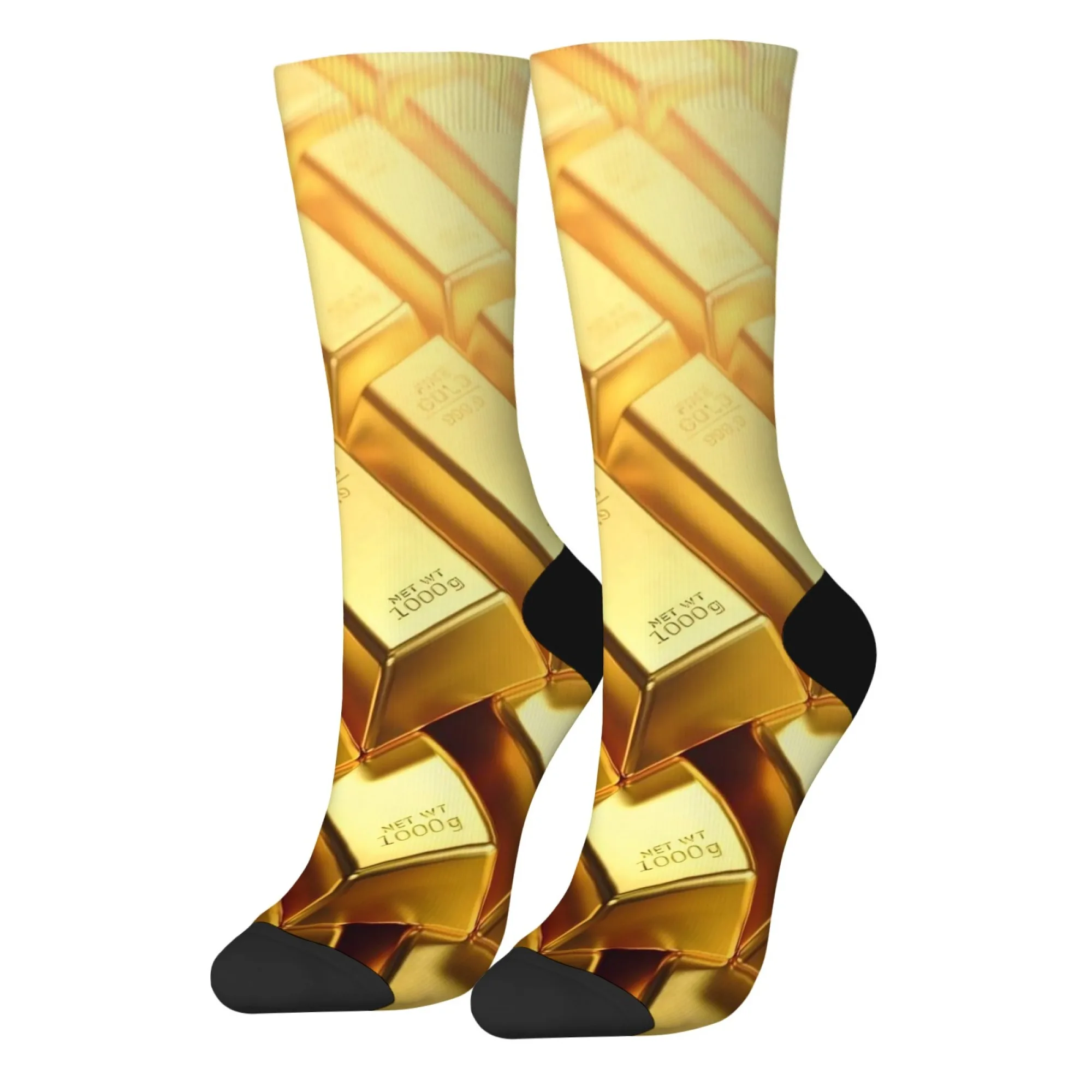 Glitzernde Socken mit goldenem Bar-Aufdruck für Herren, Unisex, Strickstoff, lustige Outdoor- und Freizeitkleidung, Freizeitsocken, glitzernde Neuheitssocken