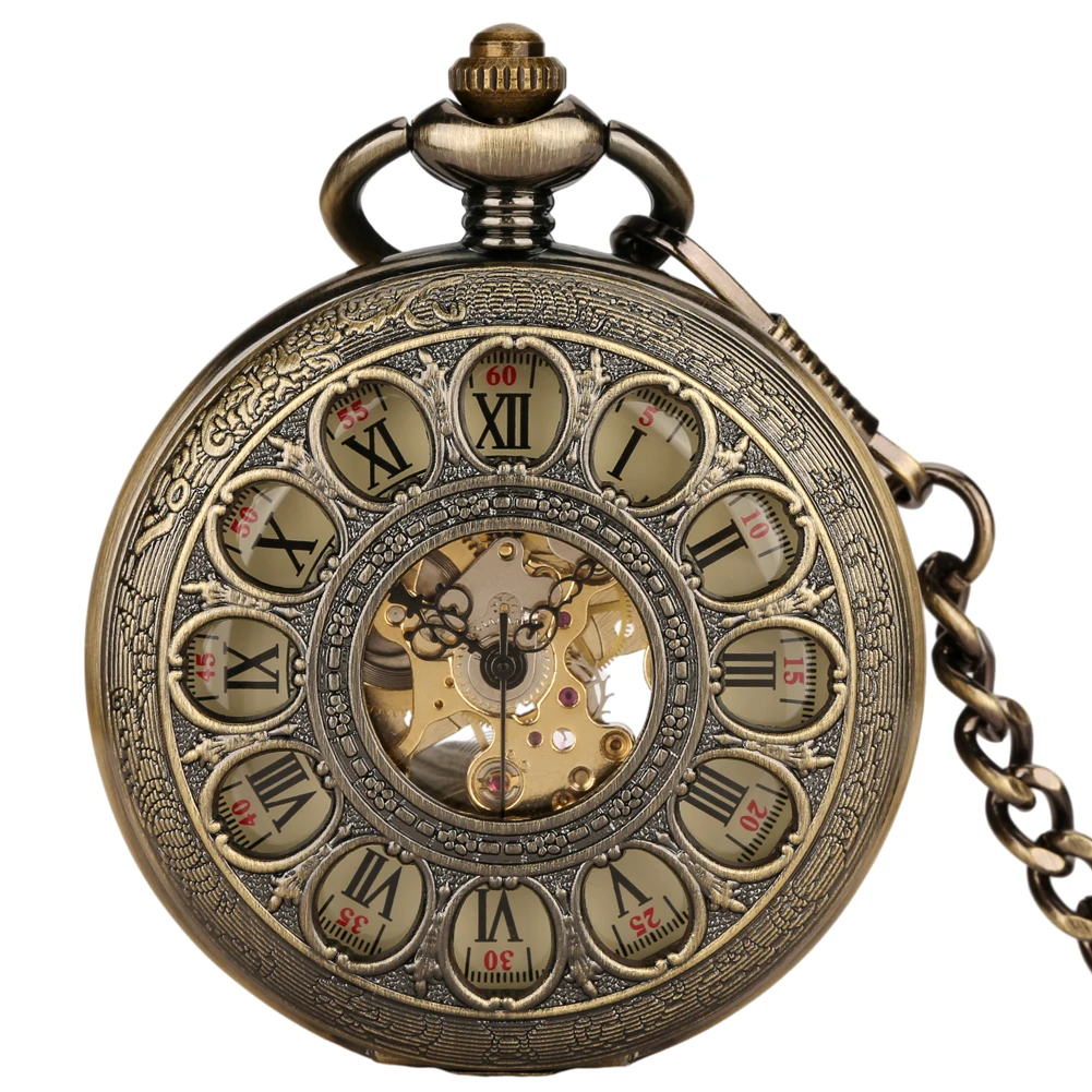 Transparent Hollow Roman Numerals Display Mechanical Pocket Watch Hand-Winding Luxury Vintage Pendant Chain Clock Gift Male