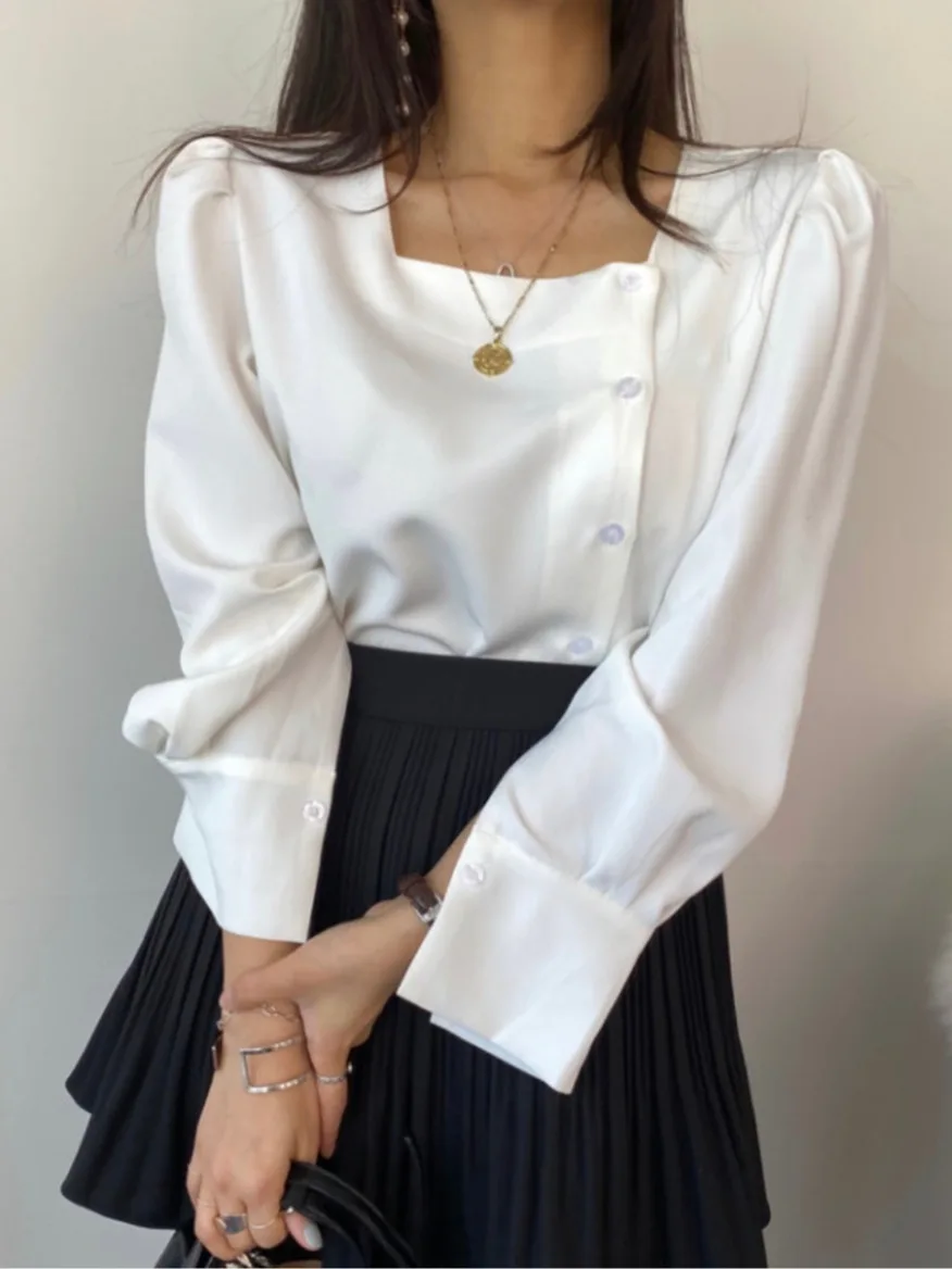 

Chic Slimming Square Collar Bridesmaid irt Women's Loose Lantern Sve Button Side Detailing Casual Long Sve irt