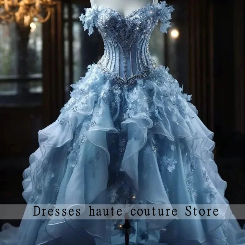 

Роскошные небесно-голубые платья принцессы Quinceanera 2025 цветок с кристаллами из тюля с открытыми плечами и кисточками для дня рождения, милые 16 платьев на шнуровке