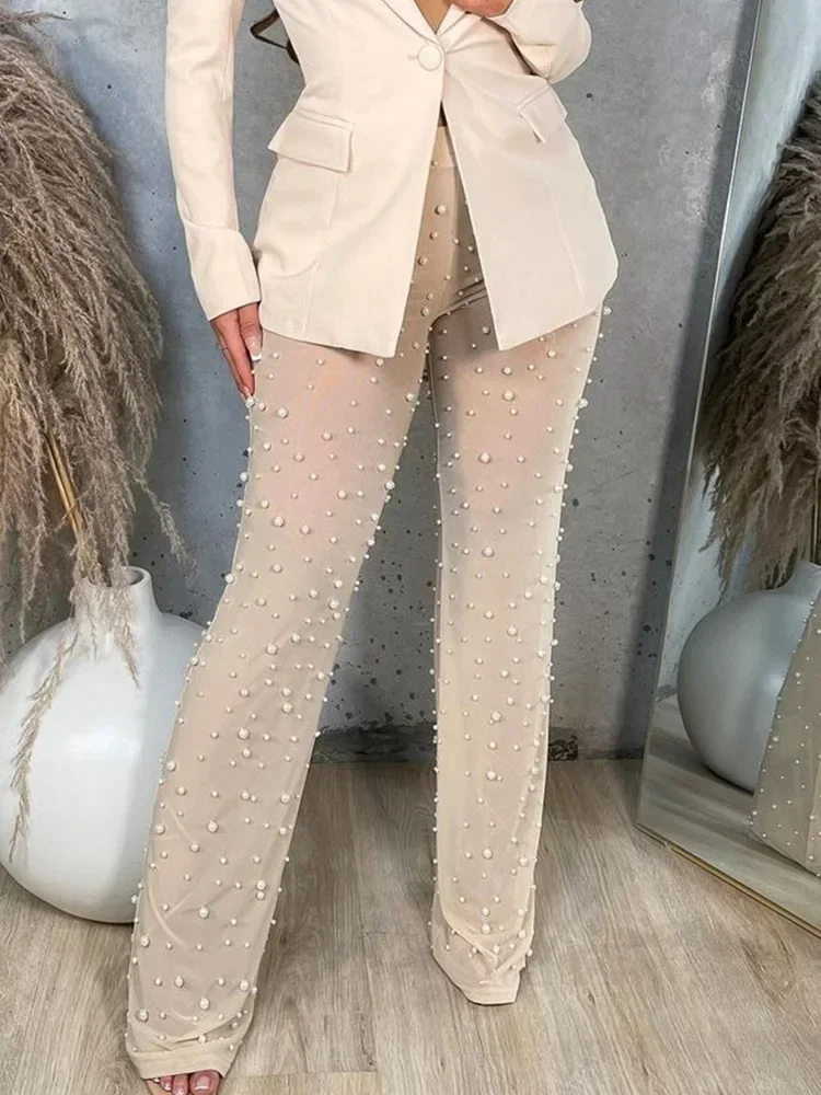 Beaded Sheer Mesh High Waist Pants