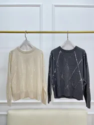 High-Grade Sequined Long-Sleeved V-Neck Cashmere Sweater Thin Style Women'S Temperament Sweater Autumn