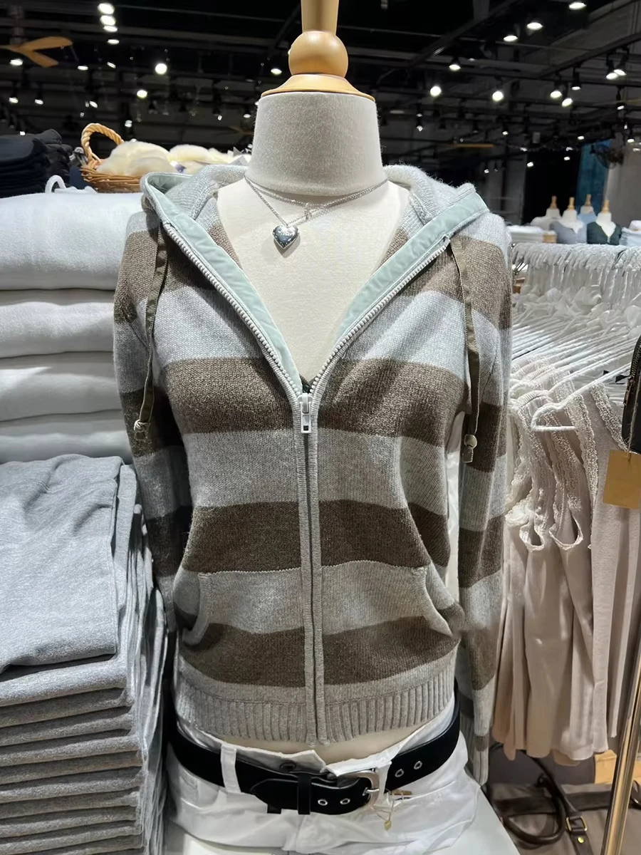 

Striped Zipper Hooded Cardigan Women Autumn New Long Sleeve Slim Knit Outerwear Streetwear Fashion Vintage Sweater Hoodies Y2k
