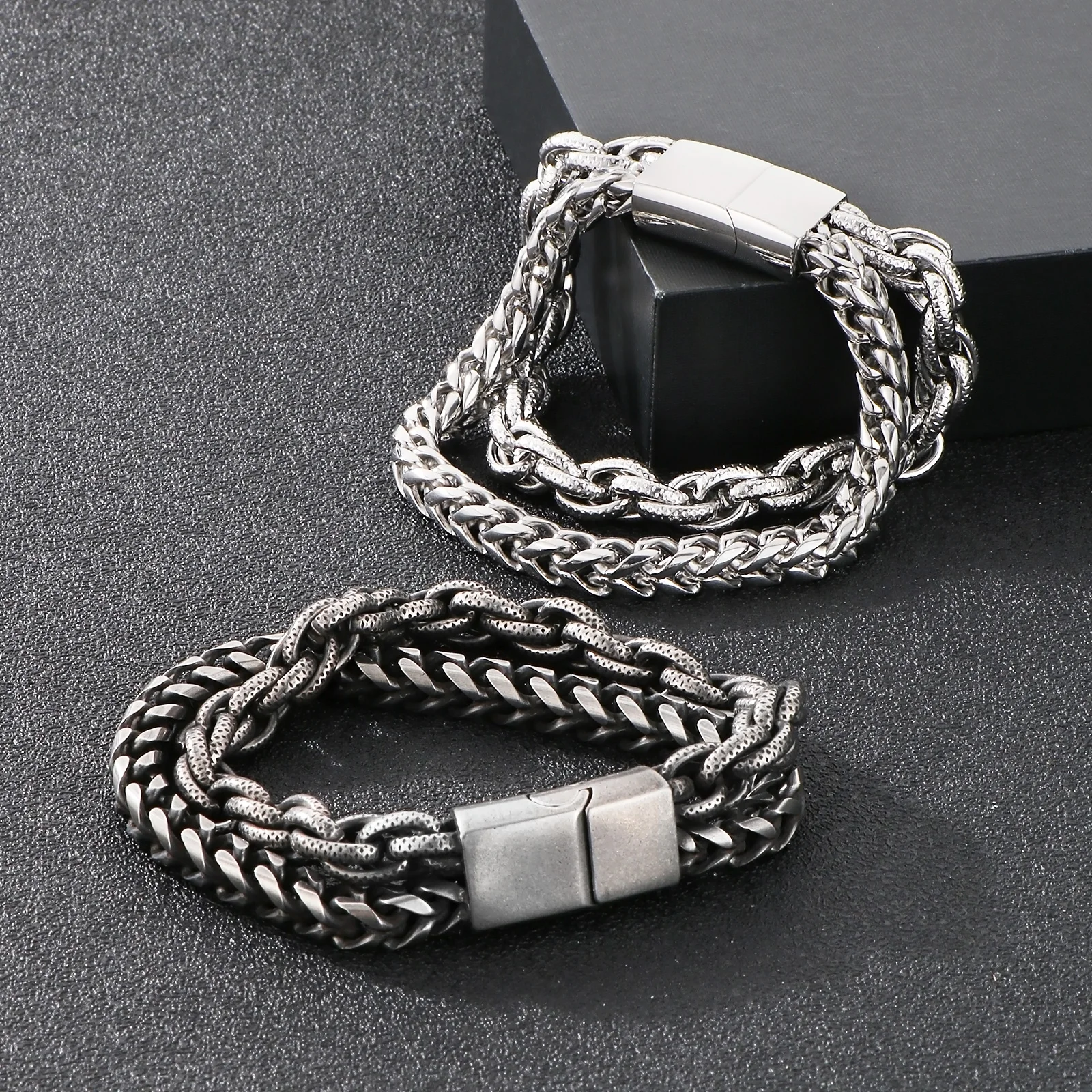 HAOYI Punk Style Double Chain Black Boiling Stainless Steel Bicycle Bracelet For Men Cool Jewelry Gift Wolesale