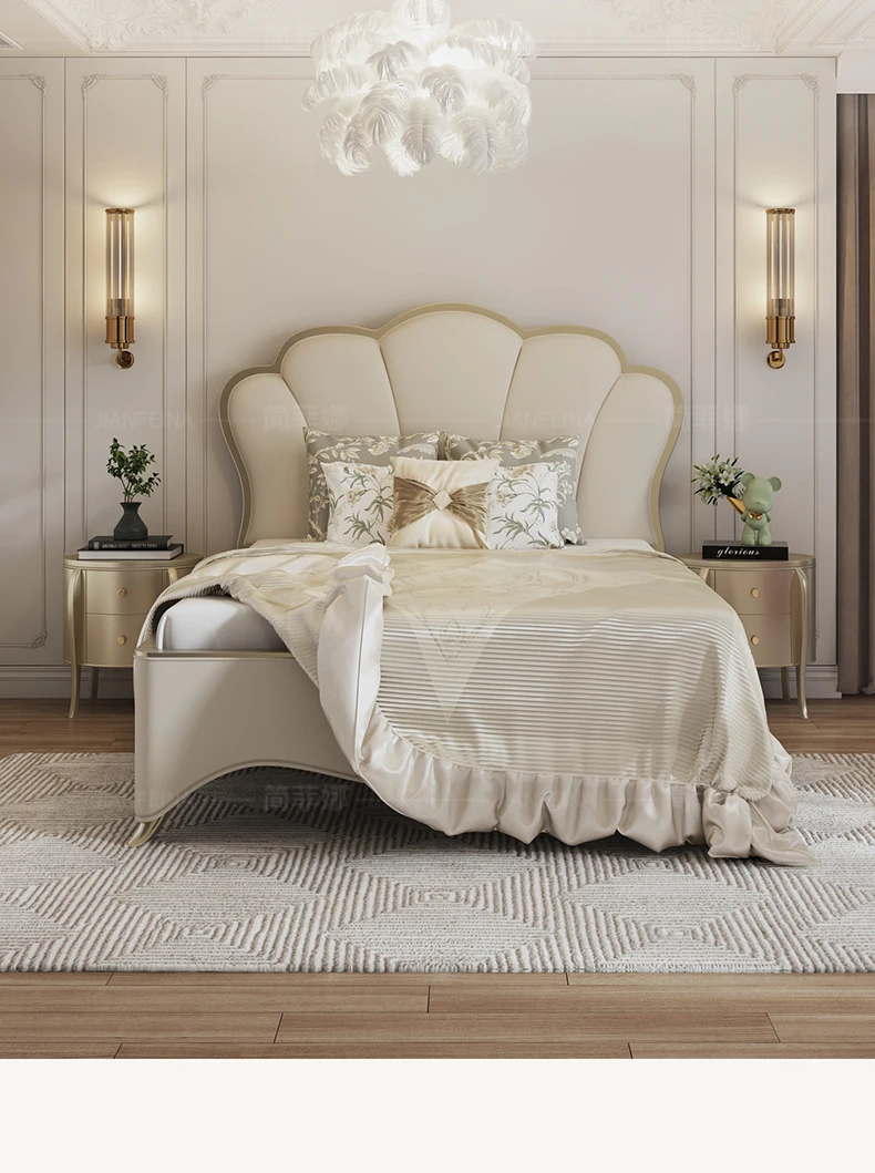 

Cream wind French master bedroom light luxury bed premium light luxury leather solid wood double bed