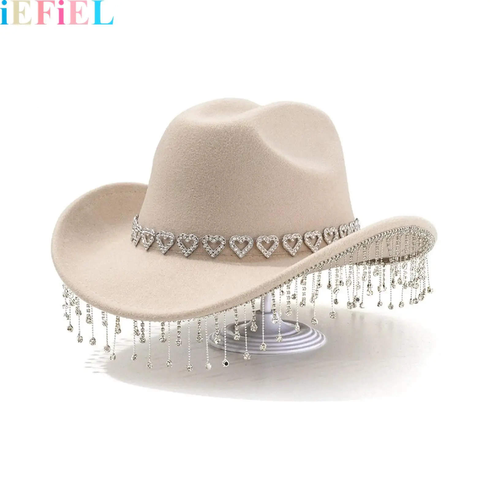 

1Pcs Women Cowgirl Hat Western Rhinestones Tassel Decor Cowboy Hat Halloween Fedoras for Men
