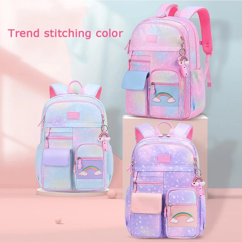 Mochila escolar de la serie arcoíris para niñas, morral escolar de princesa de colores, impermeable, 2023