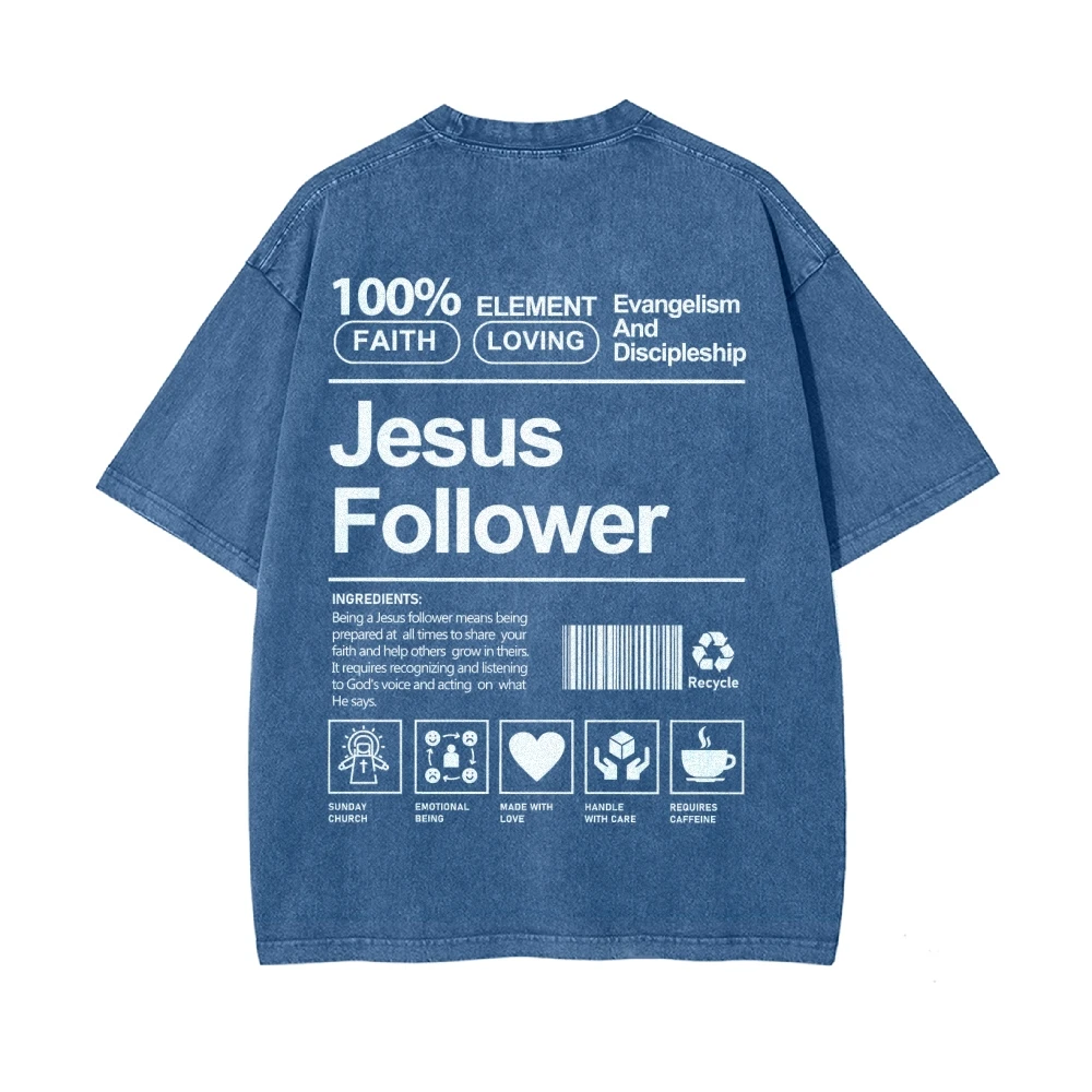 Solid Letter Jesus Follower Print T-Shirt Loose Round Neck Top Women Fashion Loose Short Sleeve Hip Hop Snowflake Wash T-Shirt