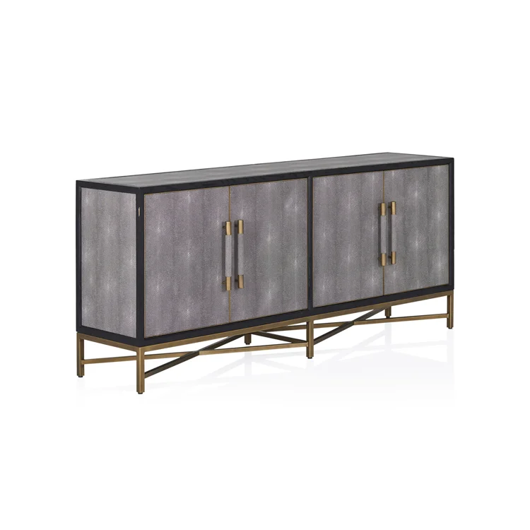 Contemporary luxury 4 doors gold base faux shagreen leather sideboard