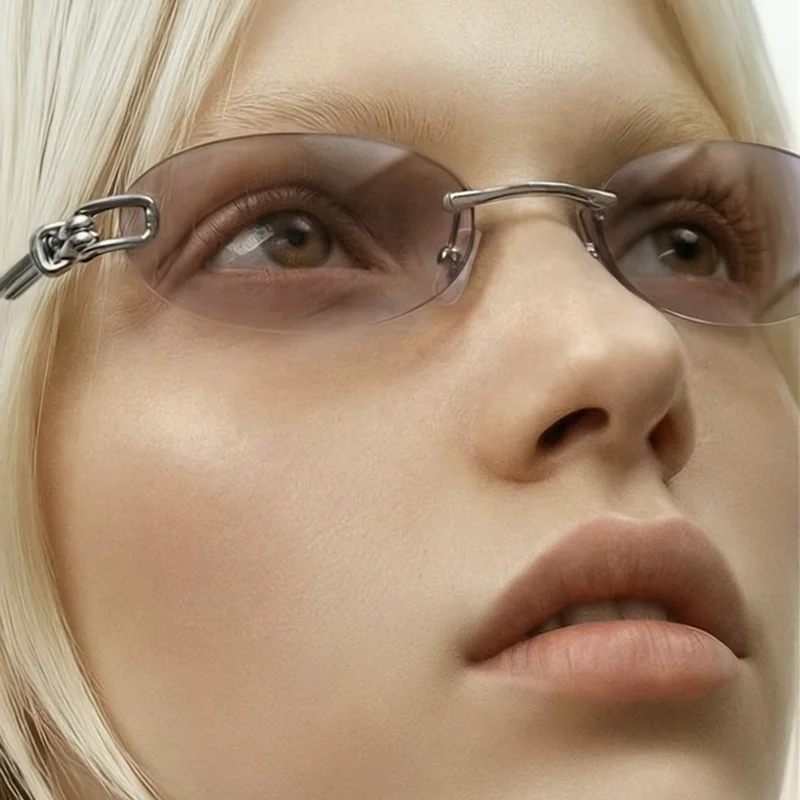 Markendesigner Y2K Randlose Ovale Sonnenbrille für Damen und Herren Vintage Luxus Metall Punk Outdoor Knotenseil Kleine Sonnenbrillen UV-Schutz