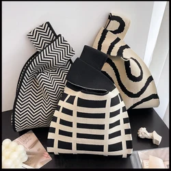 Autumn Winter Handbag Women's Knot Wrist Bag Japanese Handmade Knitted Handbag Portable Mini Striped Tote Bucket Phone Bag