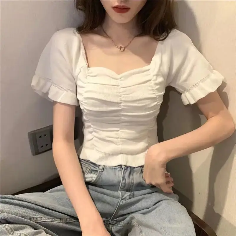 Summer Ice Silk Square Collar Irregular Short Sleeve Top Solid Ruffles Short Crop Tops T-Shirt Casual All-match Women Clothing