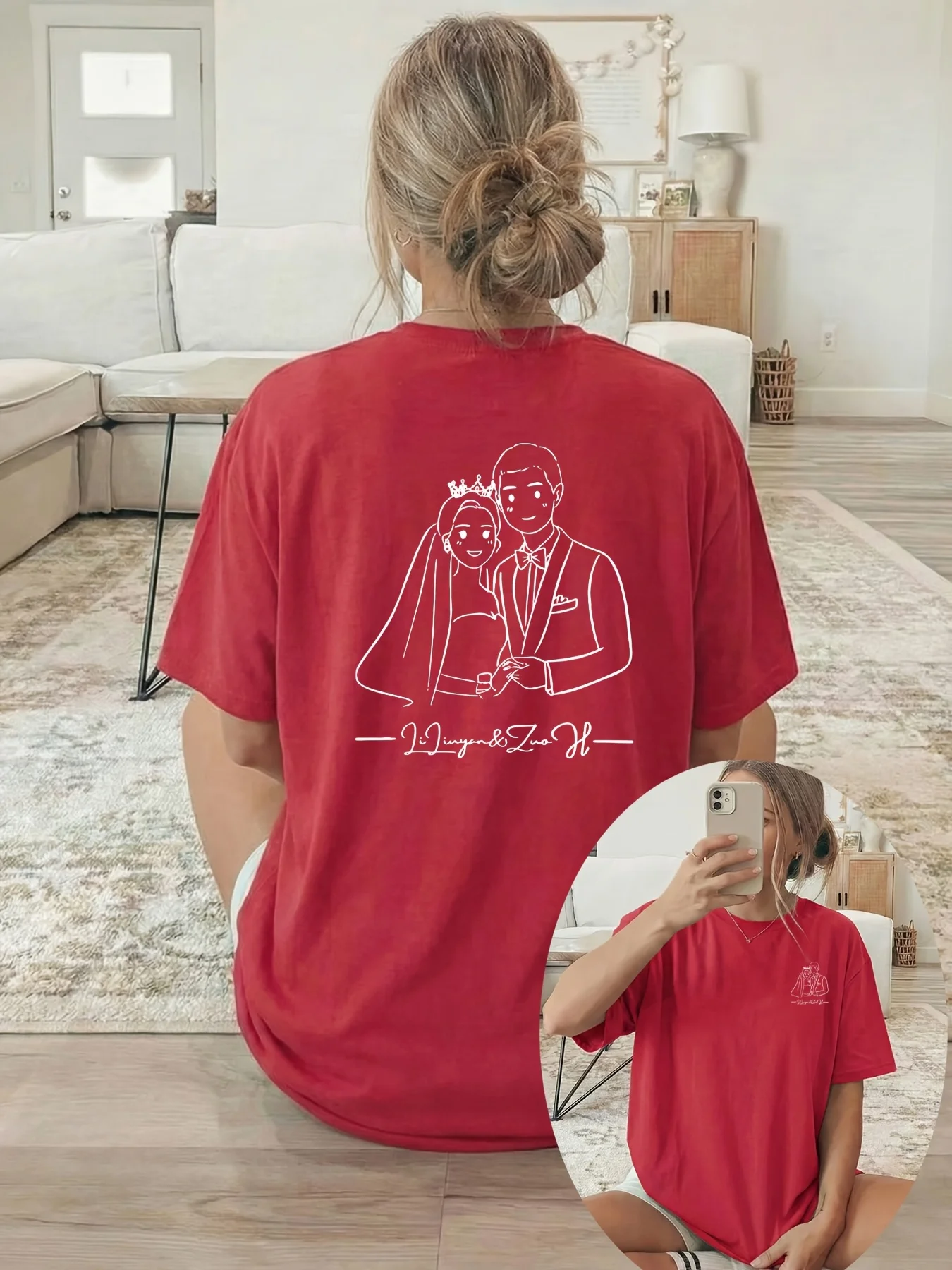 [Double-sided Print] Women's Sleeved Round-neck Casual Top Features A Line Drawing of A Bride and Groom Holding Hands With