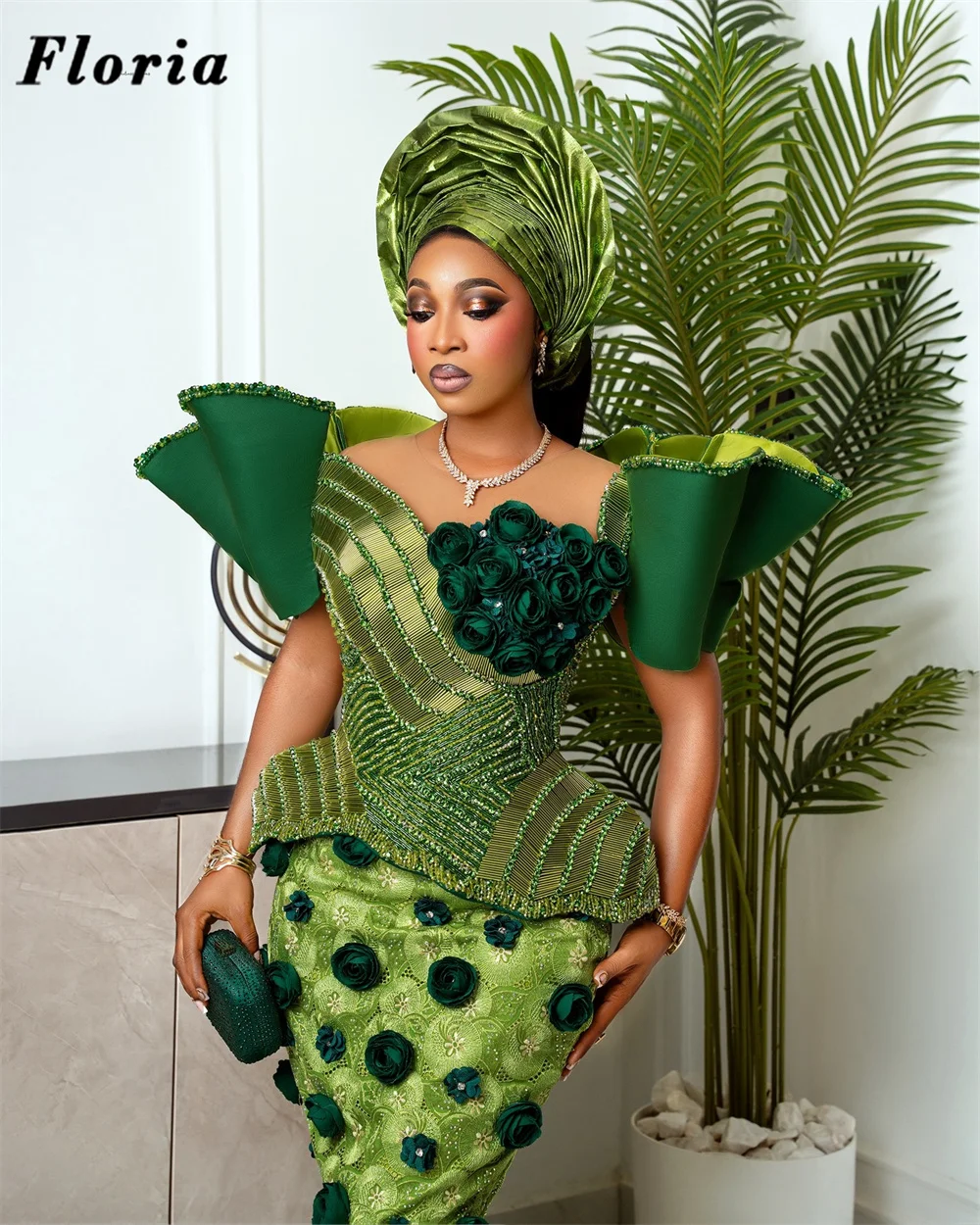 Afrikanische grüne schulterfreie Cocktailkleider Nigeria Aso Ebi formelles, perlenbesetztes Ballkleid, maßgeschneiderte Meerjungfrauen-Partykleider mit Diamanten