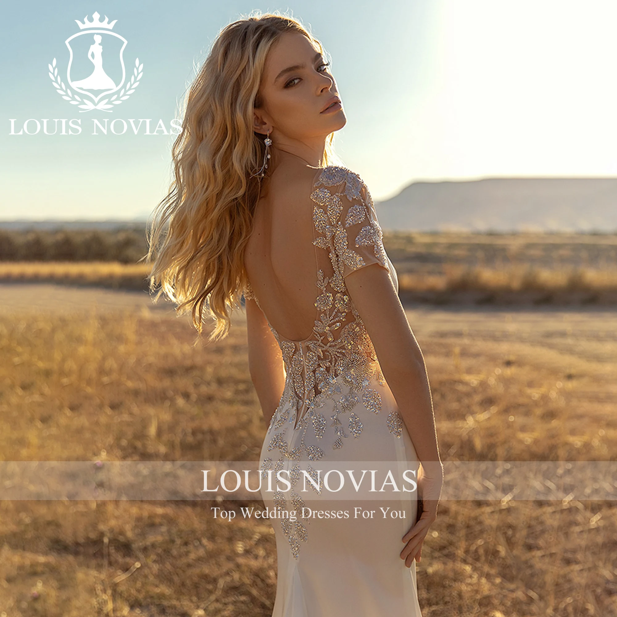 LOUIS NOVIAS Vestido De novia De sirena De manga corta De alta calidad SCOOP sin espalda apliques vestido De novia Vestidos Novias De Saten