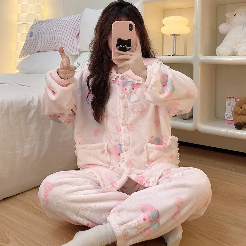 

Cute My Melody Women Doll Collar Plush Pajamas Set Sanrio Cartoon Winter Coral Fleece Thickened Warm Girls Student Home Wear Set