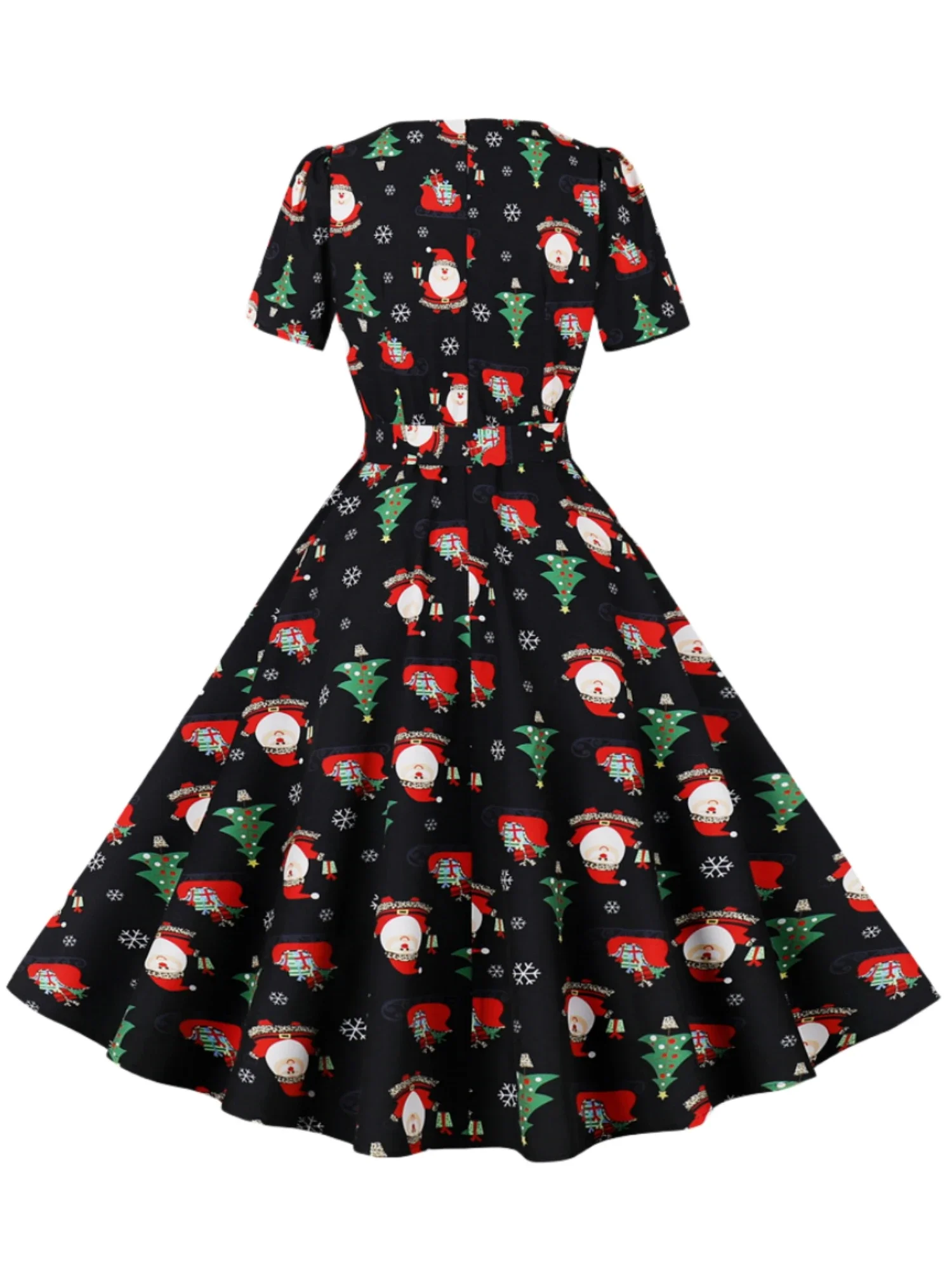 New Christmas Print Square Neck Short Sleeved Slimming Party Casual and Elegant Knee Length Dress, Women's Carnival