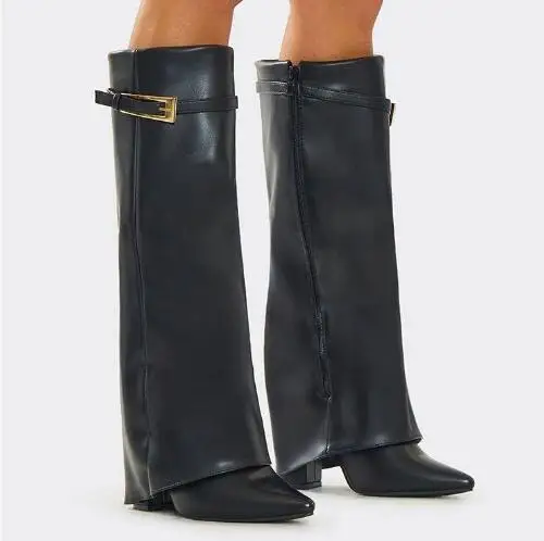 

Autumn Women Black Brown Solid Gold Metal Buckle Pointed Toe Zipper Side Square Heel Knee High Pants Boots Lady Long Botas Shoes