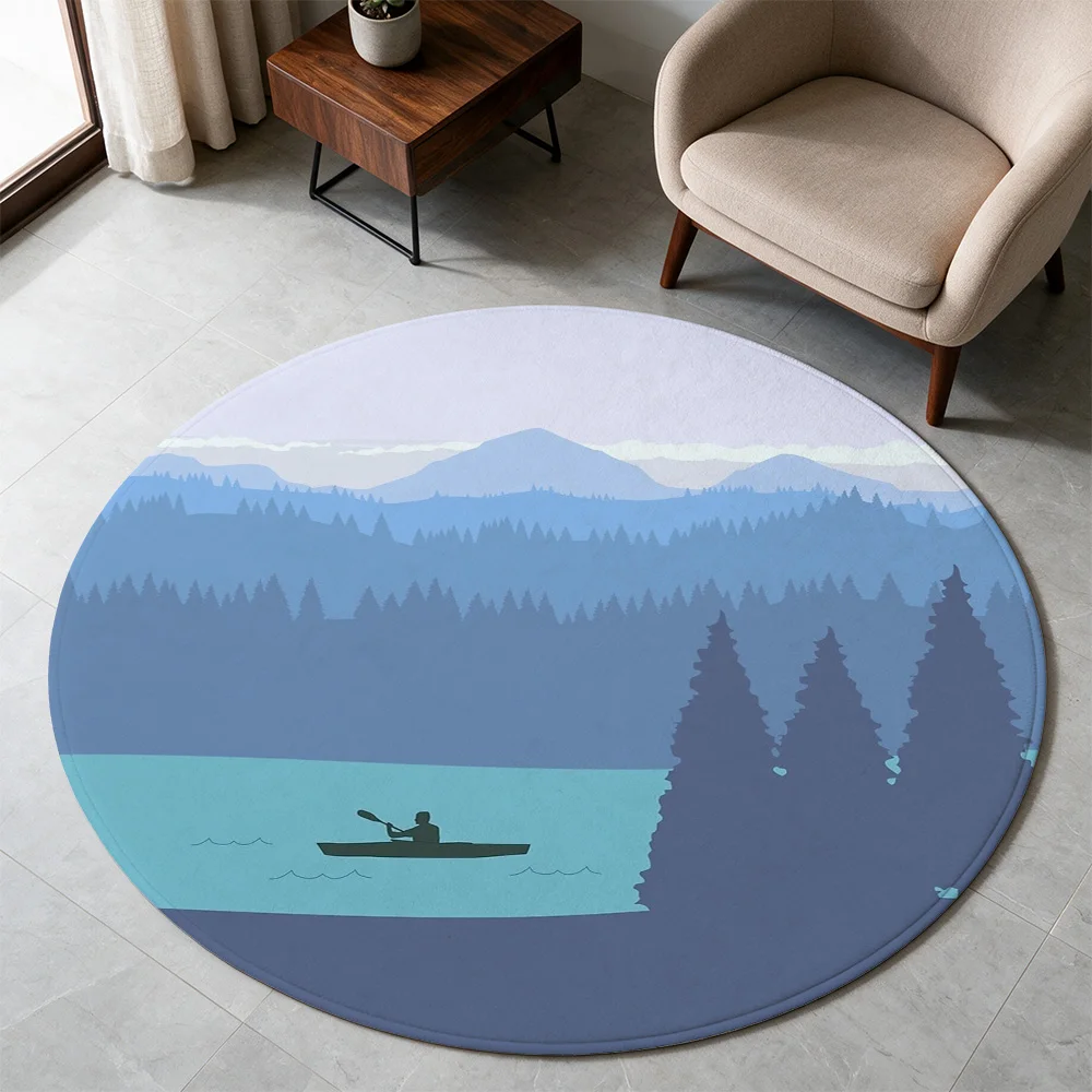 Serene Landscape Round Area Rug Blue Mountains Forest Lake Scene Boho Living Room Decor