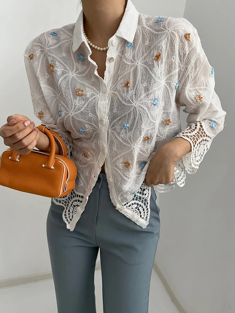 Women Embroidery blouse Lace patchwork shirt 2024 New Fashion Long sleeve Irregular tops Loose Streetwear Lady INKEO 4T110