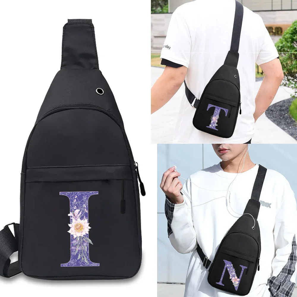 Shoulder Bag Chest Waist Pack Messenger Pack for Male PrintPurple Flower Letter Name Pattern Series Crossbody Travel Bag