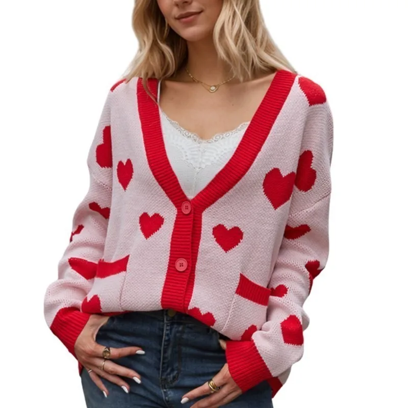 

2025 New Valentine's Day Love Peach Knitted Cardigan Pocket V-Neck Regular Jacket