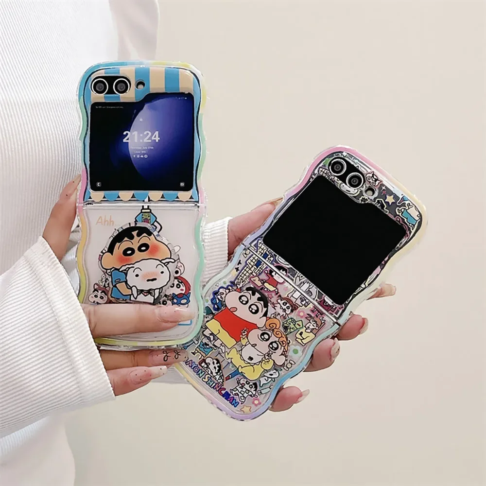 Kawaii S-Shin-chans With Bracket Phone Case for Samsung Galaxy Z Flip 3 4 5 Z Flip 6 5G PC Hard Anti-fall Back Cover Anti-fall