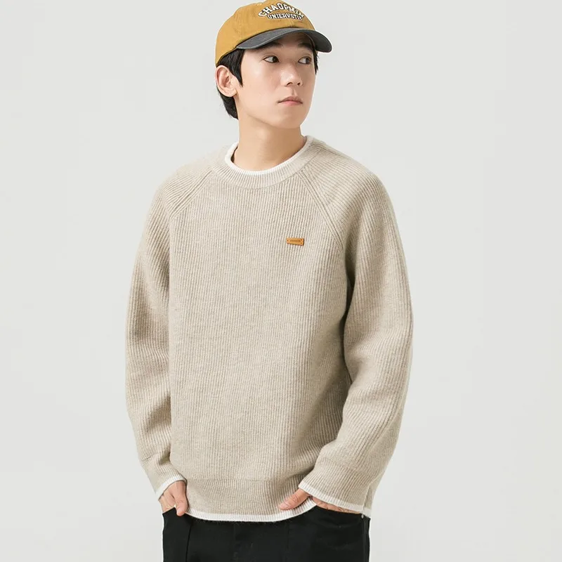 ゆったりとしたニットプルオーバー,男性用,シックなパッチワーク,韓国スタイル,オールマッチ,長袖,ラウンドネック,若者向け,秋冬