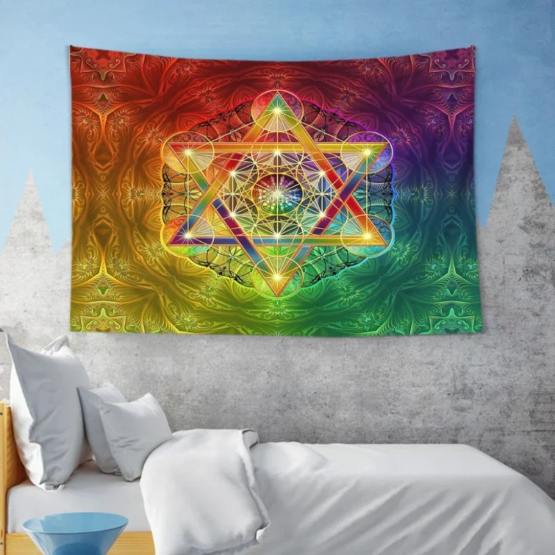 Merkabah And Flower Of Life With Metatron S Cube Home Psychedelic Colorful Hanging Tapestries Dorm Wall Art Yoga Mat Tapiz
