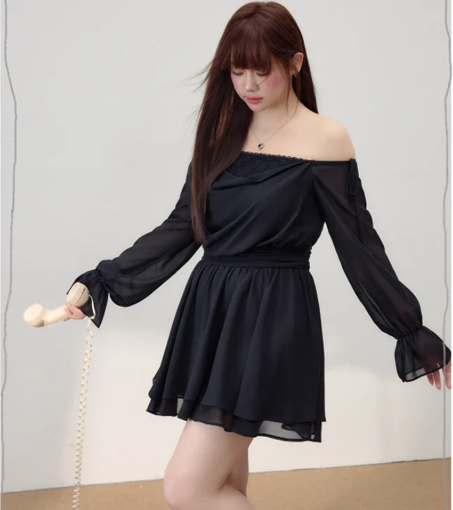 فستان شيفون كبير الحجم برقبة مائلة فرنسية مكشوفة الأكتاف وأكمام طويلة منتفخة، فساتين كورية حلوة متعددة الاستخدامات باللون الأسود بخصر عالٍ #3