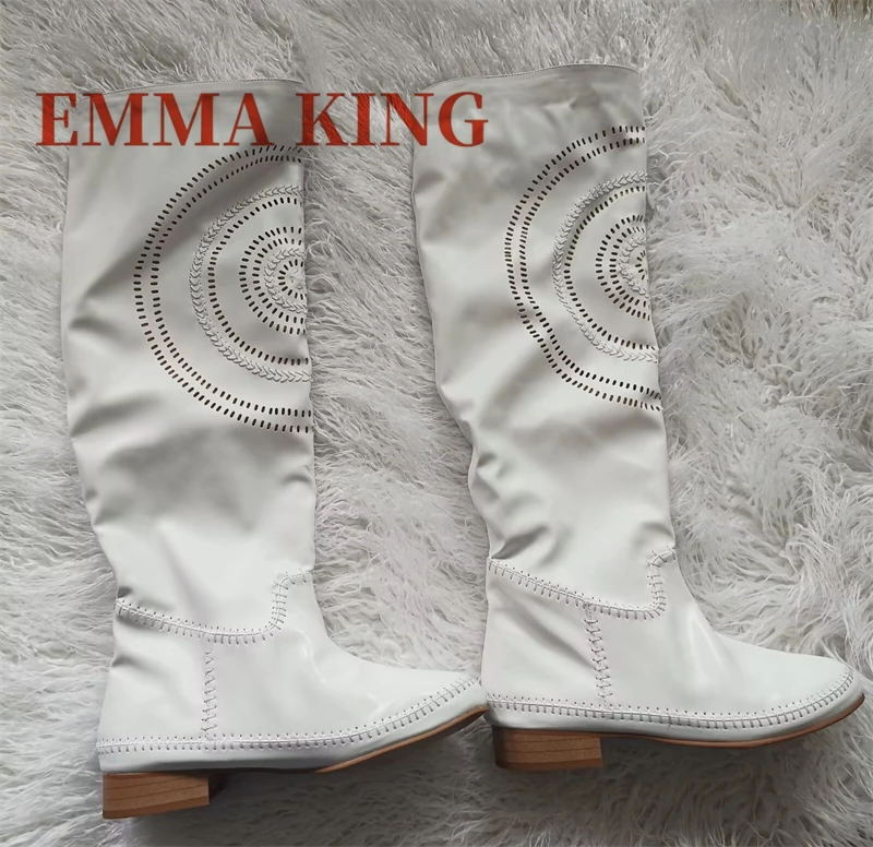 النساء فو الجلد المدبوغ حذاء برقبة للركبة جولة تو مريحة الشقق بوتاس برشام ديكور أحذية مطرزة الرجعية الربيع الصيف الأحذية