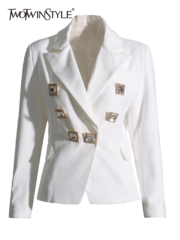 

TWOTWINSTYLE Spliced Double Breasted Minimalist Blazers For Women Notched Collar Long Sleeve Patchwork Pocket Slim Blazer Female