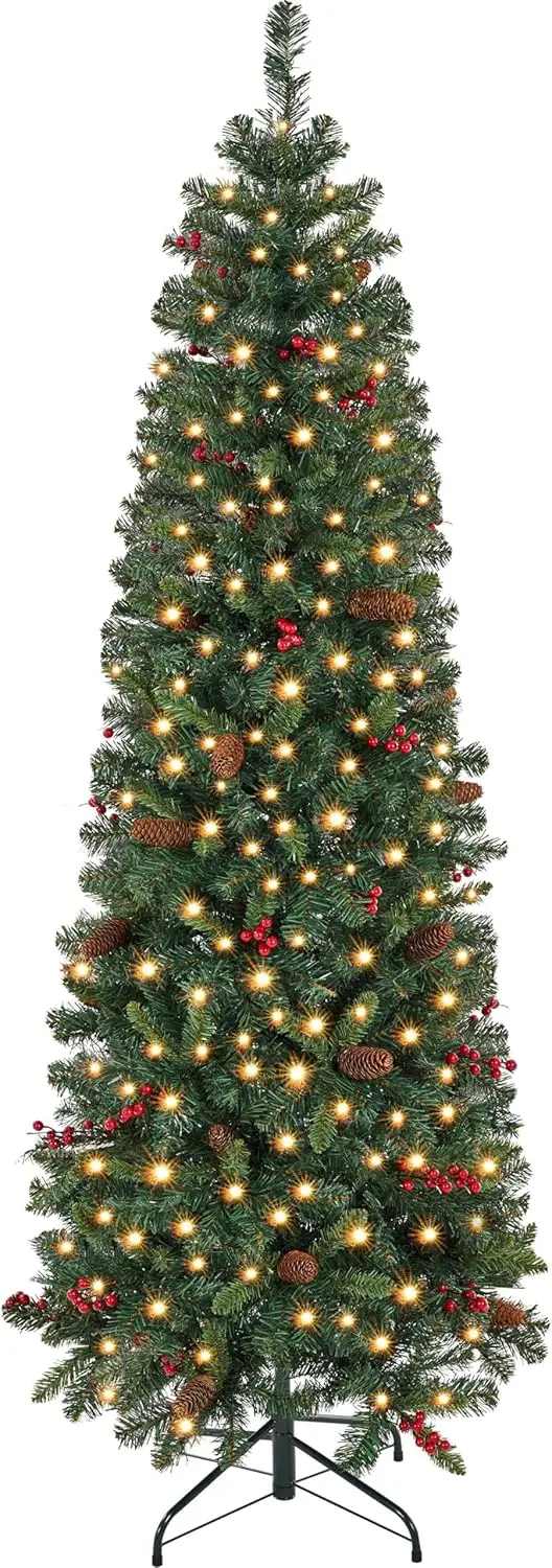 6ft Pre-lit Pencil Spruce Christmas Tree, Artificial Slim Xmas Fir, Pre-Decorated for Home, Office, Party, Holiday Decor