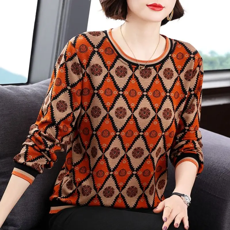 Comfortable T-Shirts Tops Lattice Loose Round Neck Pullovers Printing Patchwork Women's Clothing Office Lady Autumn Winter Thin