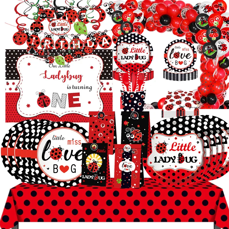 Cartoon Ladybug Theme Birthday Supplies Tablecloth Paper Plate Cup Banner Balloon Party Decoration Set Baby Shower Decoration