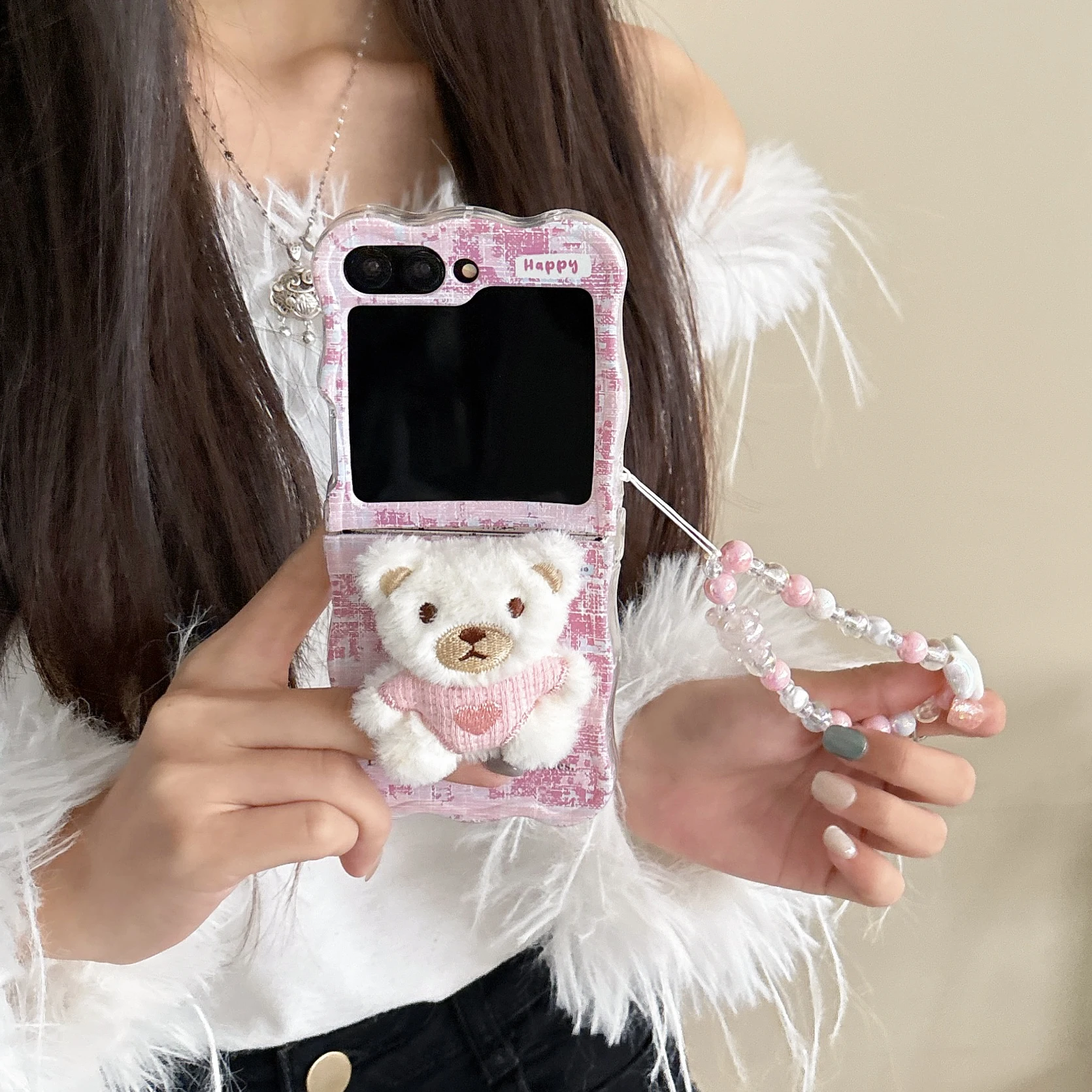 Autumn and winter pink teddy bear wave pattern phone case suitable for Samsung Z flip 6 5 4 3 folding phone case cute