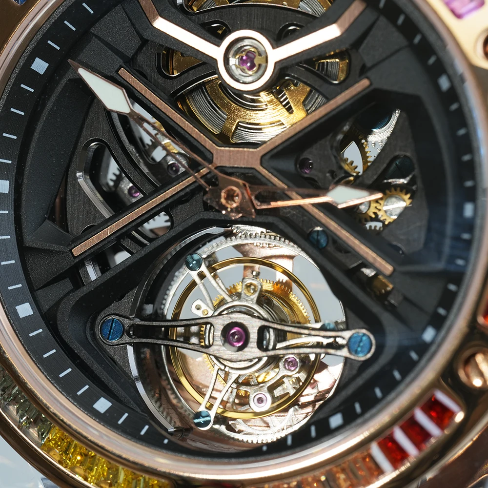 AJUT Movimento automatico Tourbillon Orologi da uomo Cassa trasparente in cristallo Orologi meccanici da uomo di lusso 0523