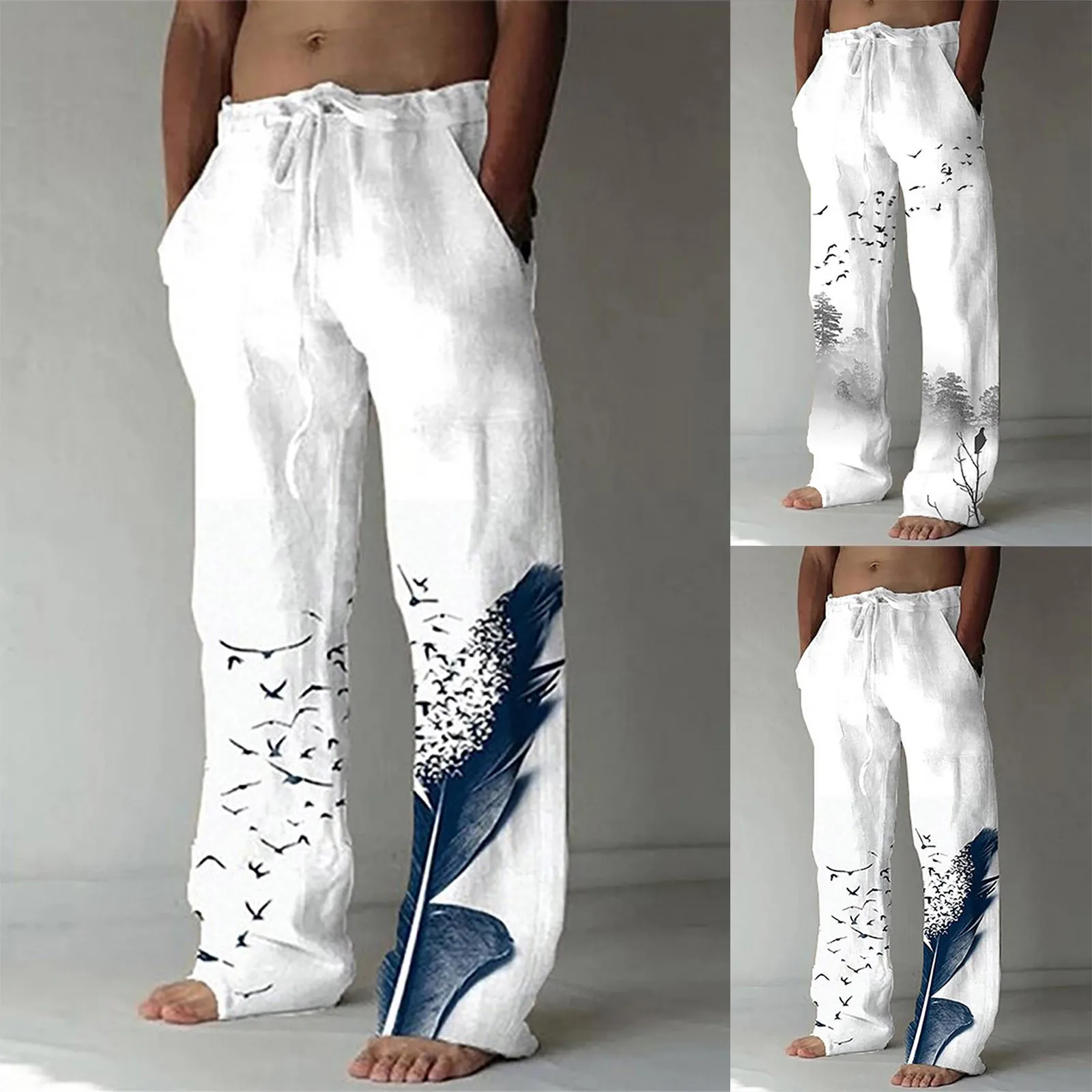 Autumn New Men's Casual Cotton Linen Long Pants Fashion Flying Bird Printing Drawstring Trousers Men Streetwear Sweatpants