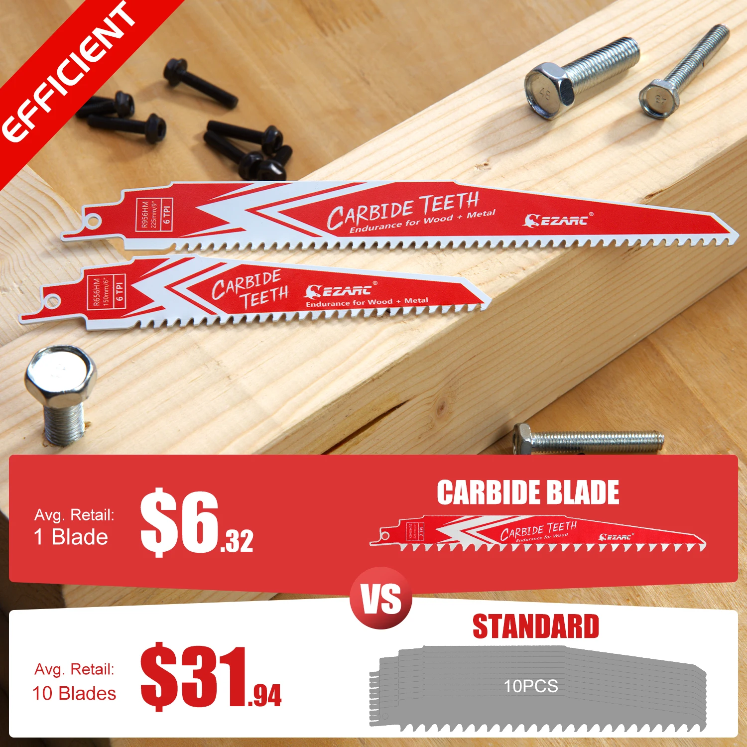 EZARC-Lame de Scie Alternative en Carbure R943HM, Endurance pour Bois Dur, 225mm(9 Pouces) 3TPI, 3/6/9 Pièces par Paquet