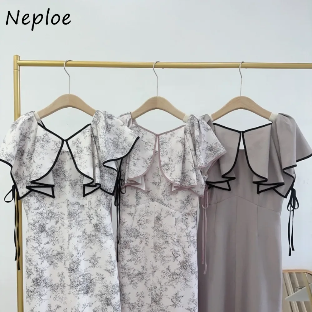 Neploe Elegant Ruffled Sleeveless High Waist Robe Slim Fit Print Panelled Pullover Vestidos Japan New Casual Lace Up Dress