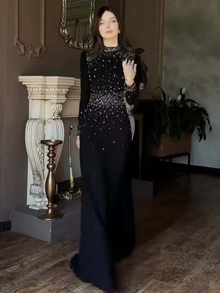 

Women Sexy Long Sleeve Beading Diamonds Black Maxi Long Bodycon Bandage Dress 2025 Elegant Evening Club Party Dress