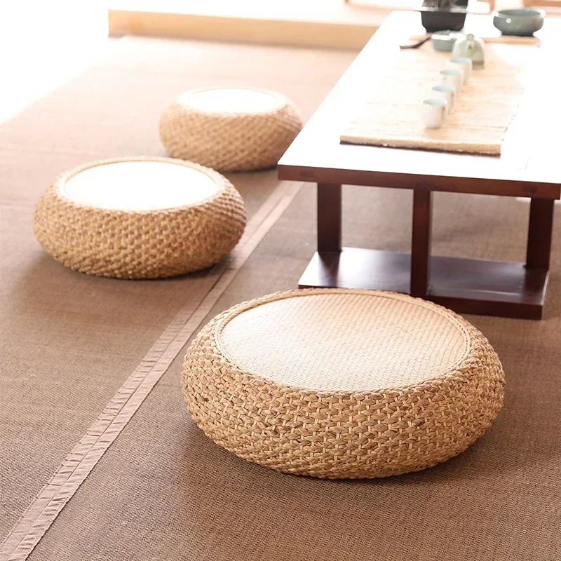 Natural Weave Straw Pouf Tatami Mat Round Floor Cushions Rattan Meditation Cushion Yoga Japanese Style Comfortable Seating