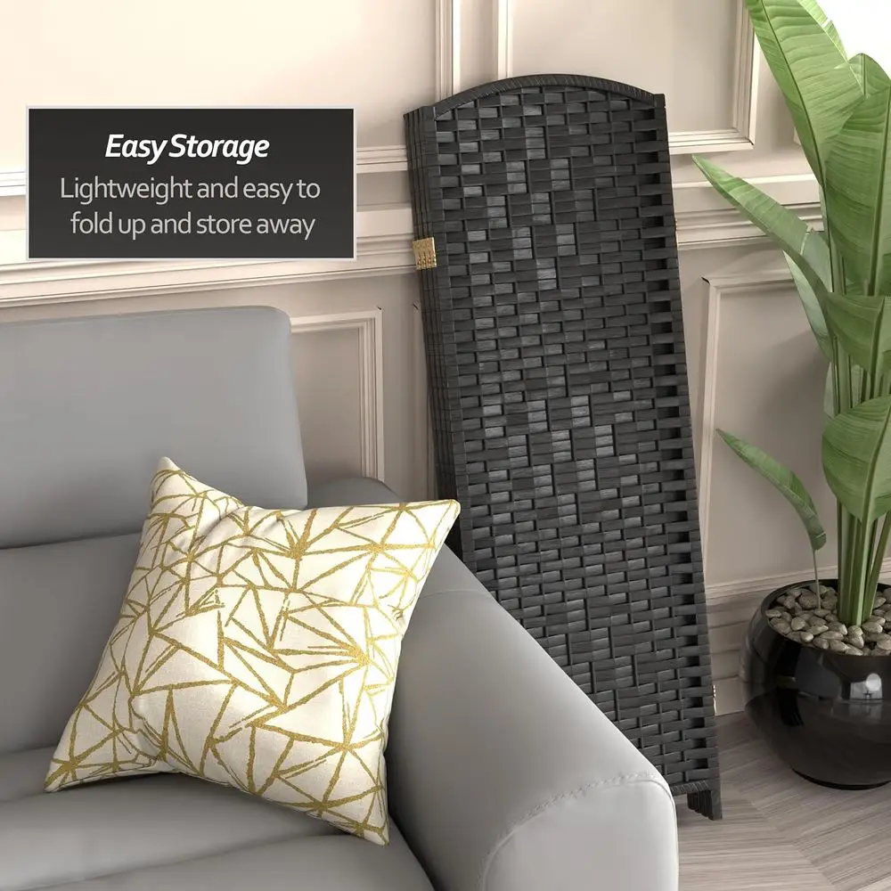 Compact 4-Panel Black Fiber Diamond Weave Folding Screen - 4 Feet Tall