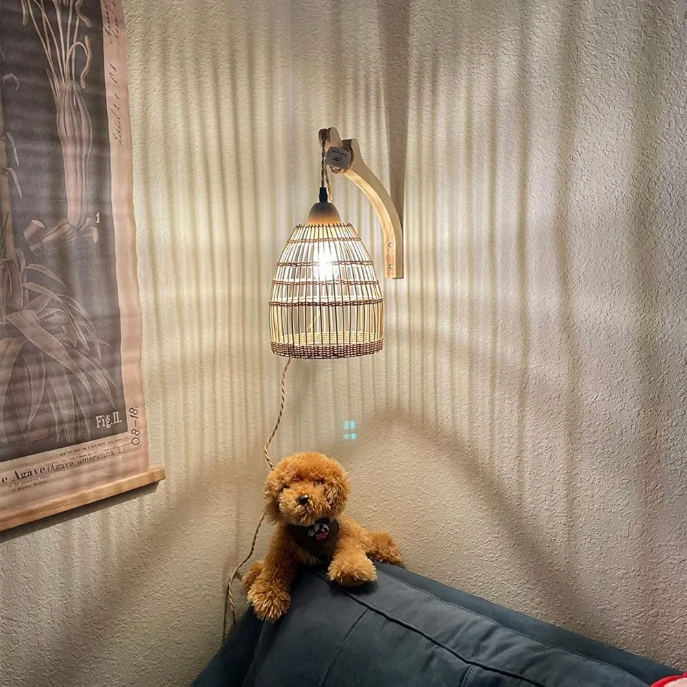 JOYINLED 3M Cord Hand Woven Wall Light Farmhouse Light E27 Rattan Plug in Wall Sconces Wicker Wall Lamp for Living Room Bedroom