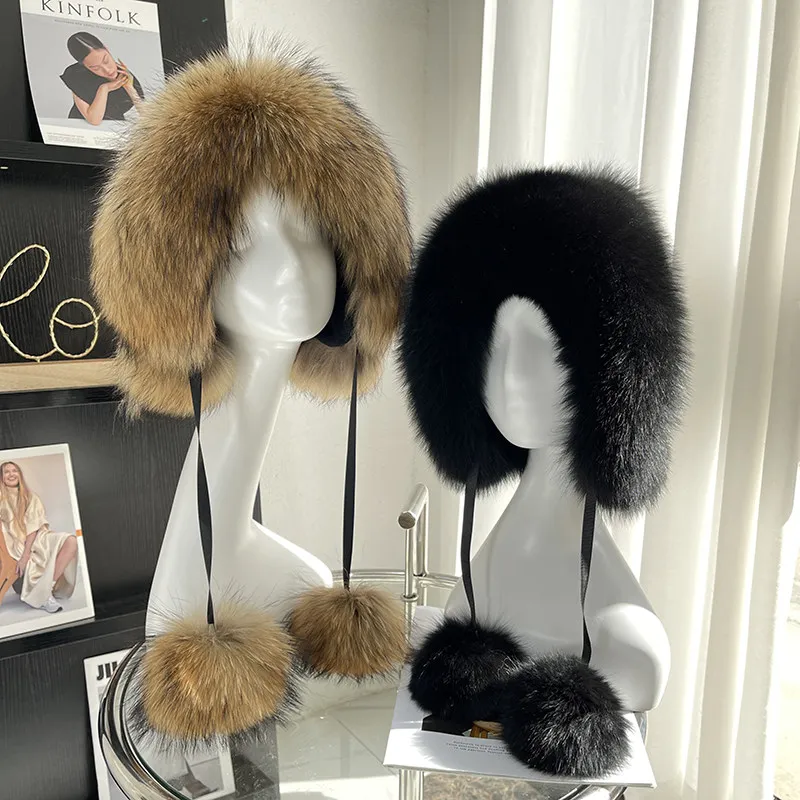 Women Fashion Winter Fox Fur Hat Warm Windproof Ear Protection For Outdoor Skiing and Skating Cold Weather Winter Sports
