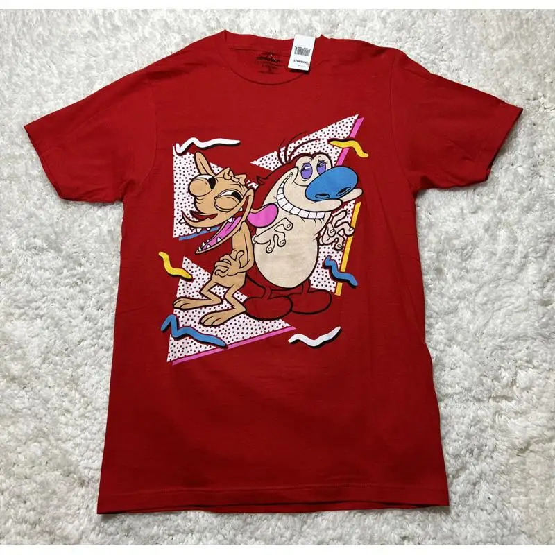 

Футболка Ren and Stimpy мужская маленькая красная 90-х годов с героями мультфильмов в стиле ретро